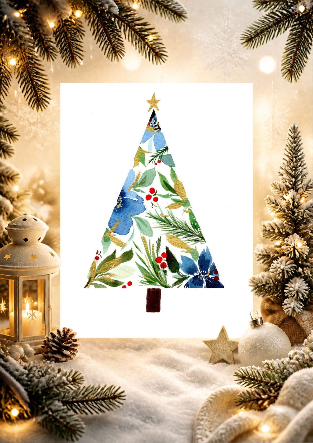 Blue Floral Tree Christmas Card